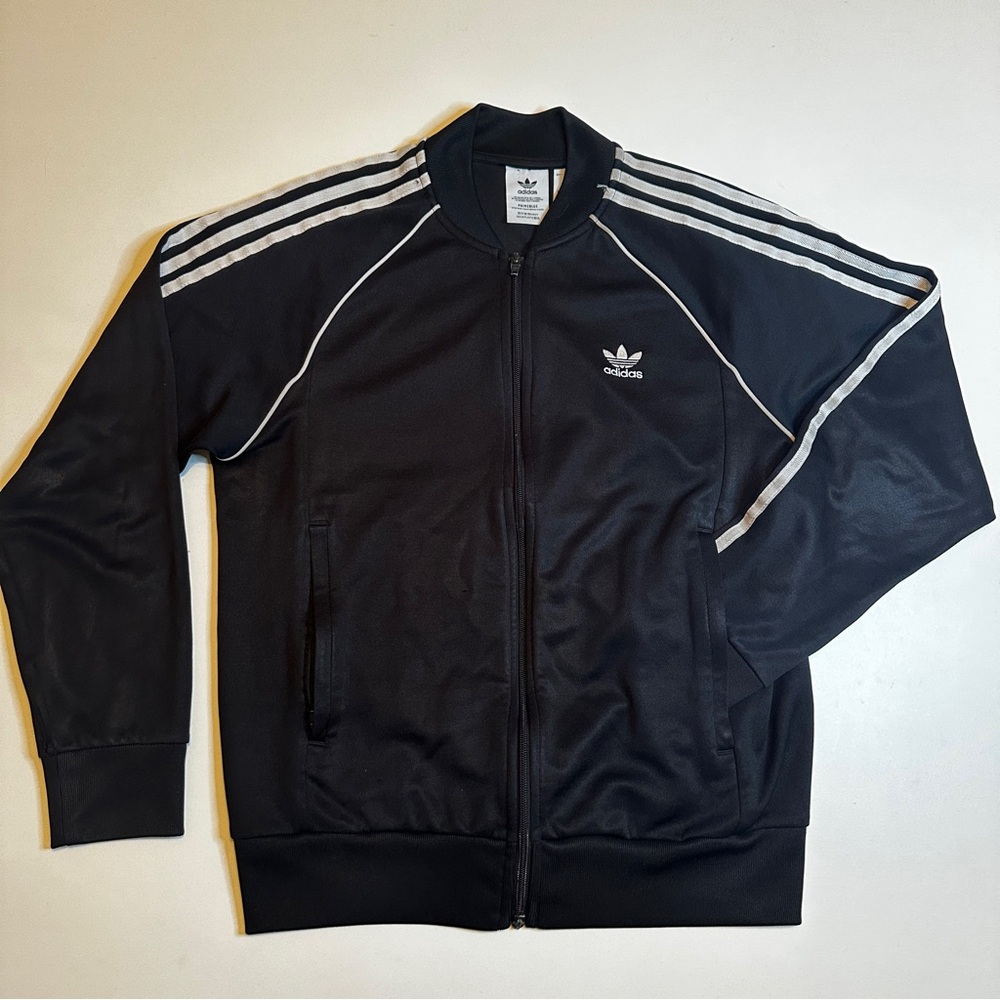 VINTAGE Adidas Black Track Jacket with White Stripes Size Medium